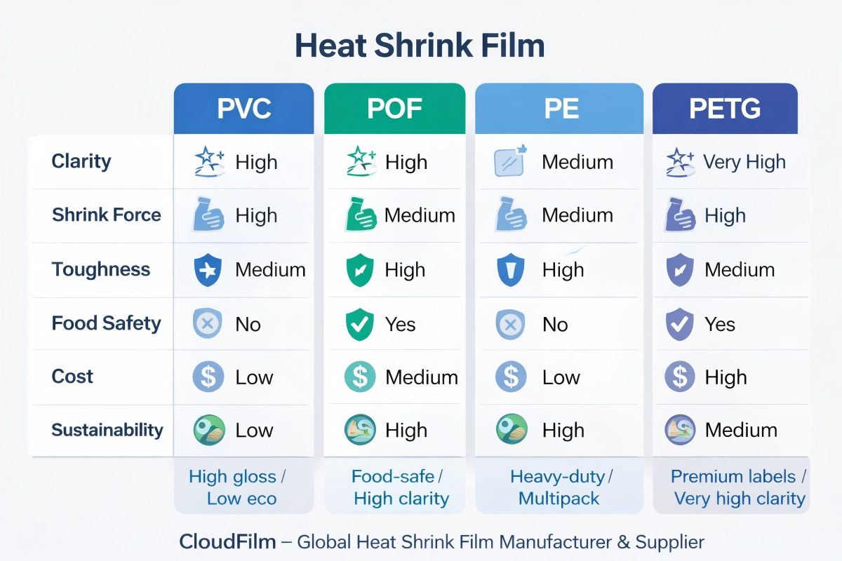 Heat Shrink Film Types Comparison Diagram For PVC POF PE And PETG