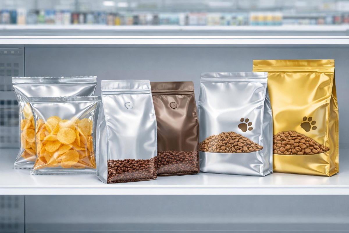 Mylar PET Stand Up Pouches And Pillow Packs For Snacks Coffee And Pet Food