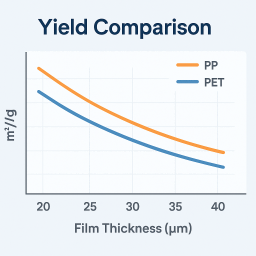Chart Comparing M²/Kg of PP vs PET at 20–40 µm Thickness