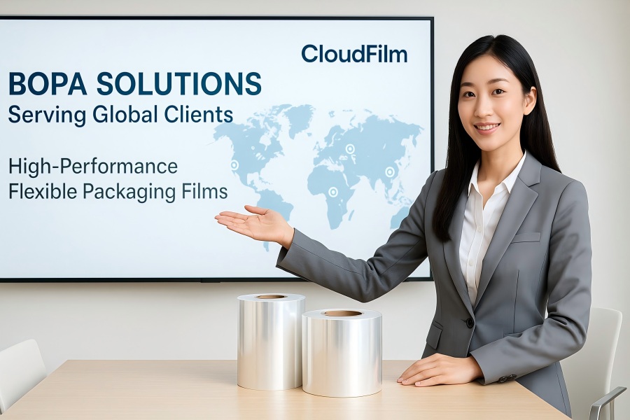 Chinese Businesswoman Presenting CloudFilm BOPA Flexible Packaging Solutions In A Modern Meeting Room