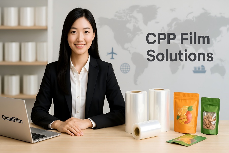 Chinese Saleswoman With CPP Film Rolls And Stand Up Pouches In CloudFilm Showroom