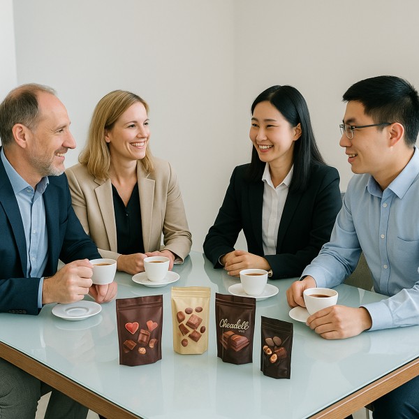 Client Coffee Meeting With Chocolate Pouches