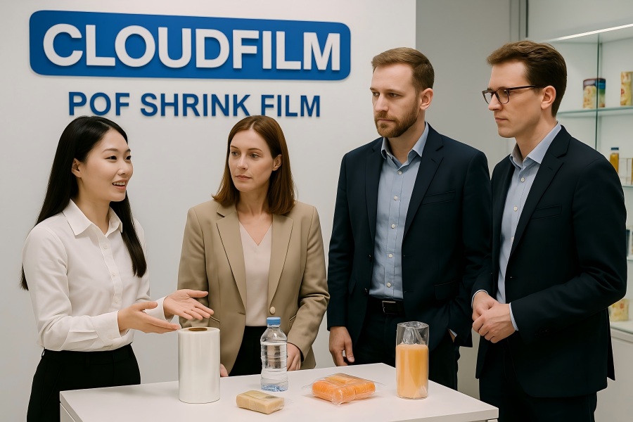 CloudFilm Chinese Lady Introducing POF Shrink Film To European Clients In Showroom