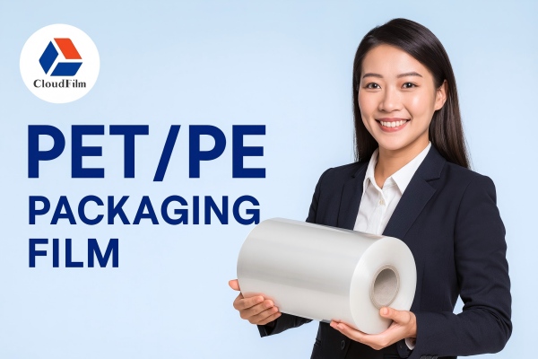CloudFilm PET PE Packaging Film With Smiling Chinese Businesswoman Holding Roll
