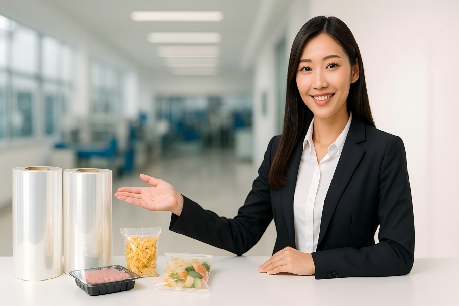 Heat Sealable PET Film Rolls And Food Packaging In Clean Factory Showroom