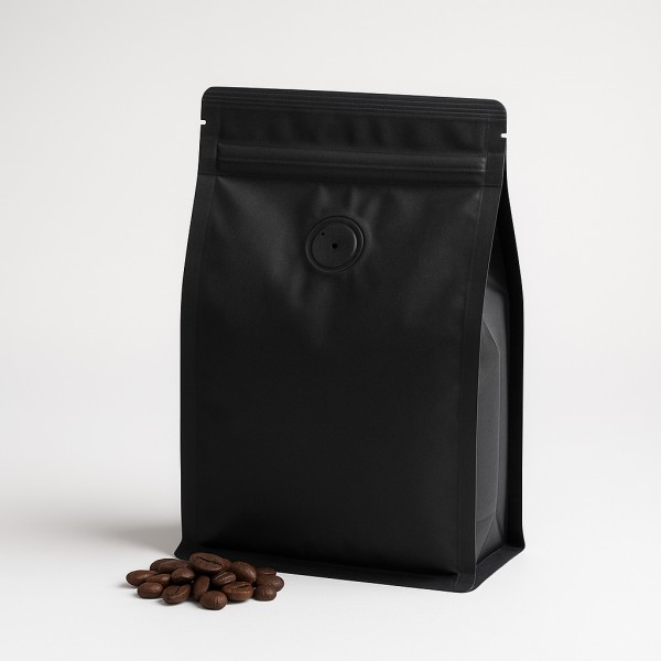 Matte Black Coffee Bag With Degassing Valve And Roasted Beans