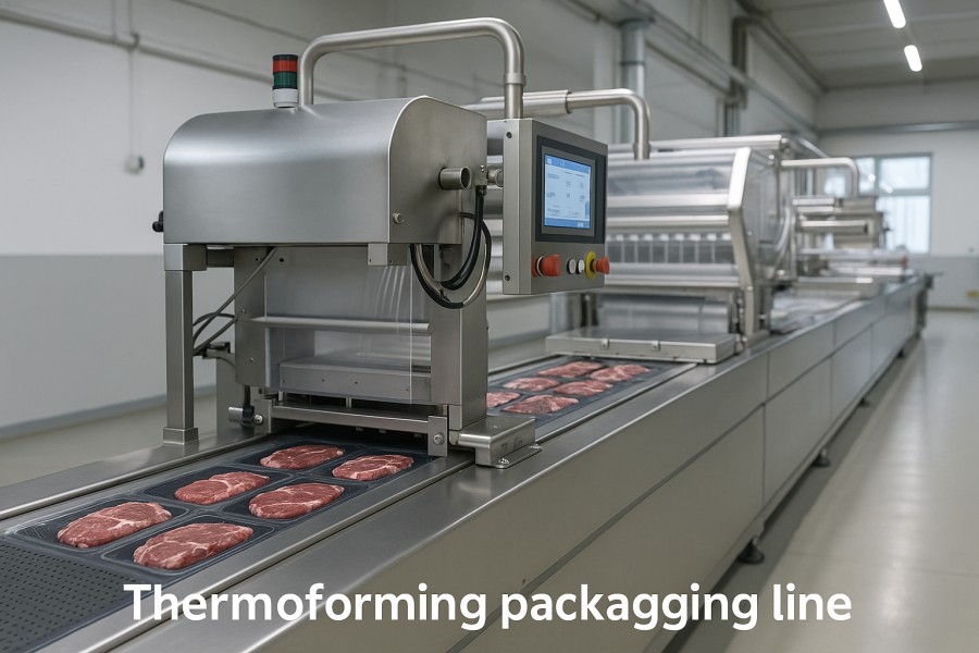 Thermoforming line running frozen meat with EVOH barrier webs