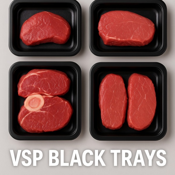 Vacuum skin packaging for steaks—clear skin film on premium trays