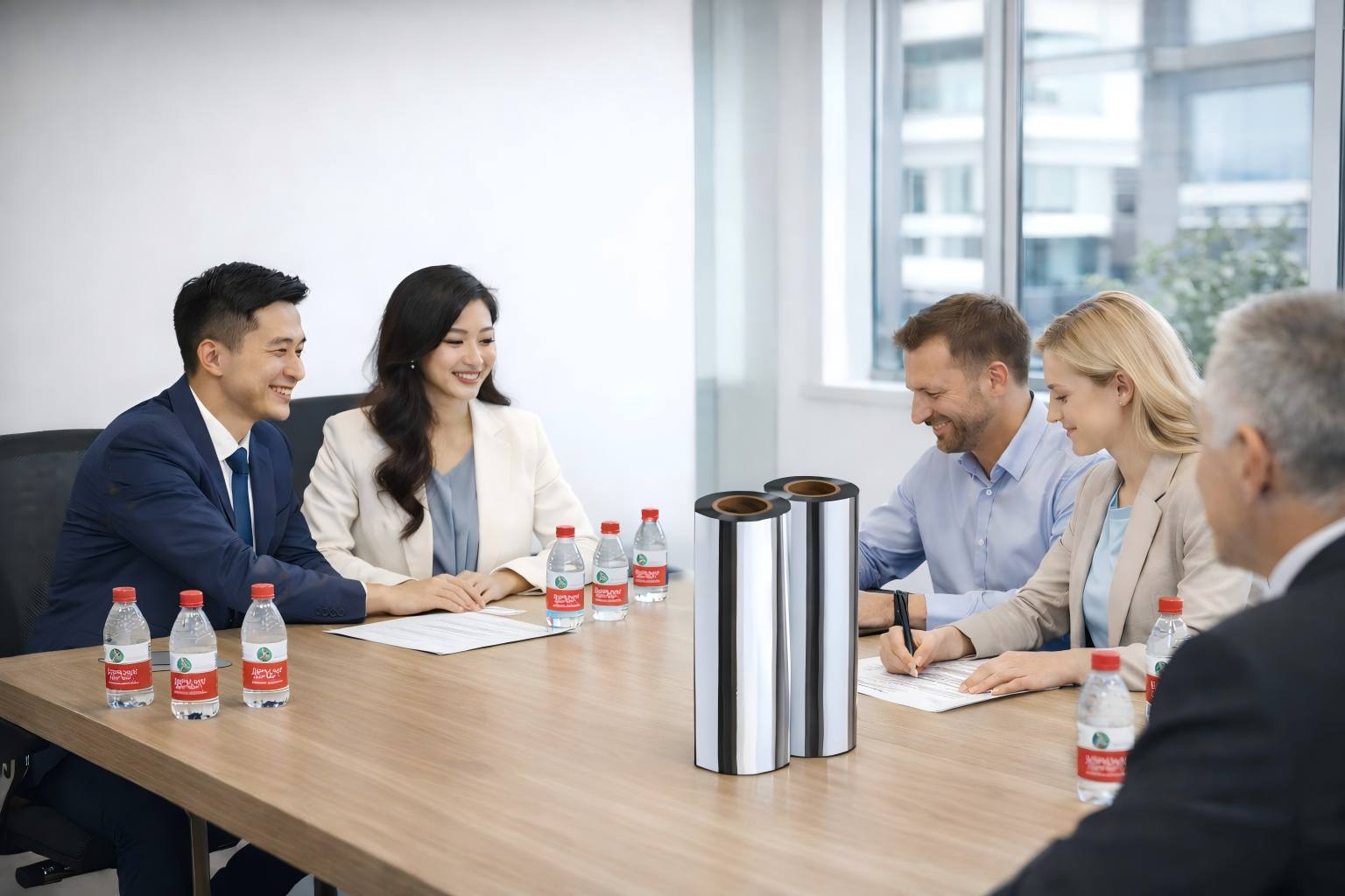 Chinese And European Clients Signing VMCPP Film Project With Metallized Rolls On Conference Table