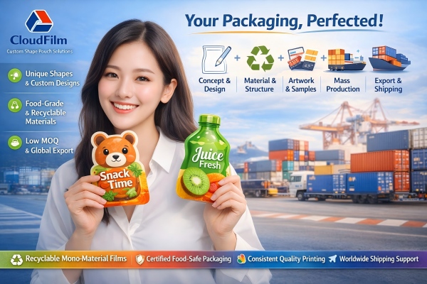 CloudFilm Chinese Woman Holding Custom Shape Pouches For Snacks And Juice In Front Of Shipping Containers