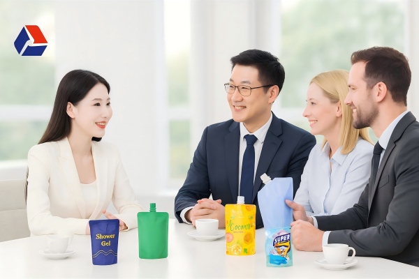 CloudFilm Spout Pouches Samples In Meeting Room With Chinese And European Clients