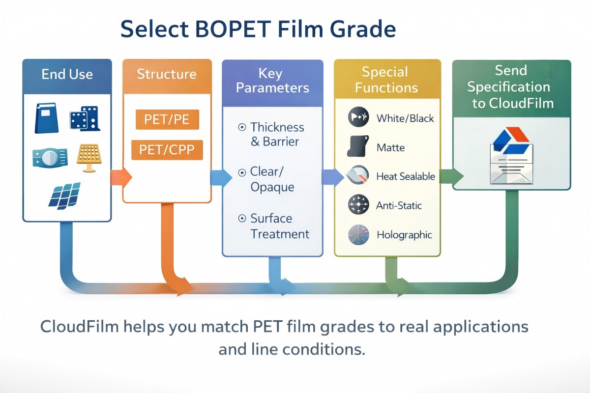 BOPET Film Grade Selection Flowchart Showing How To Choose PET Film Thickness, Structure And Surface Treatment