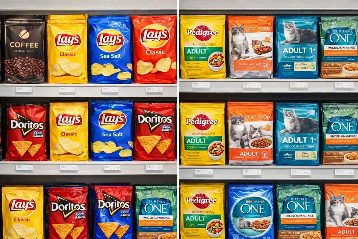 BOPET film used in snack, coffee and pet food packaging on supermarket shelves