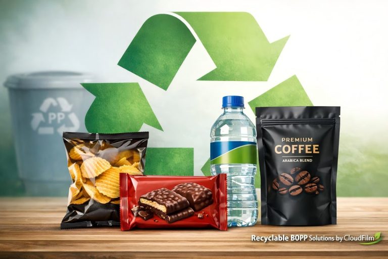 BOPP Flexible Packaging In Front Of Recycling Arrows With CloudFilm Sustainability Message