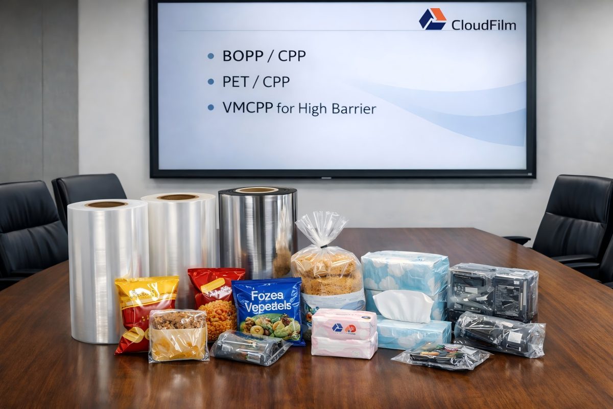 CPP Film Rolls And Flexible Packaging Applications On A CloudFilm Meeting Table