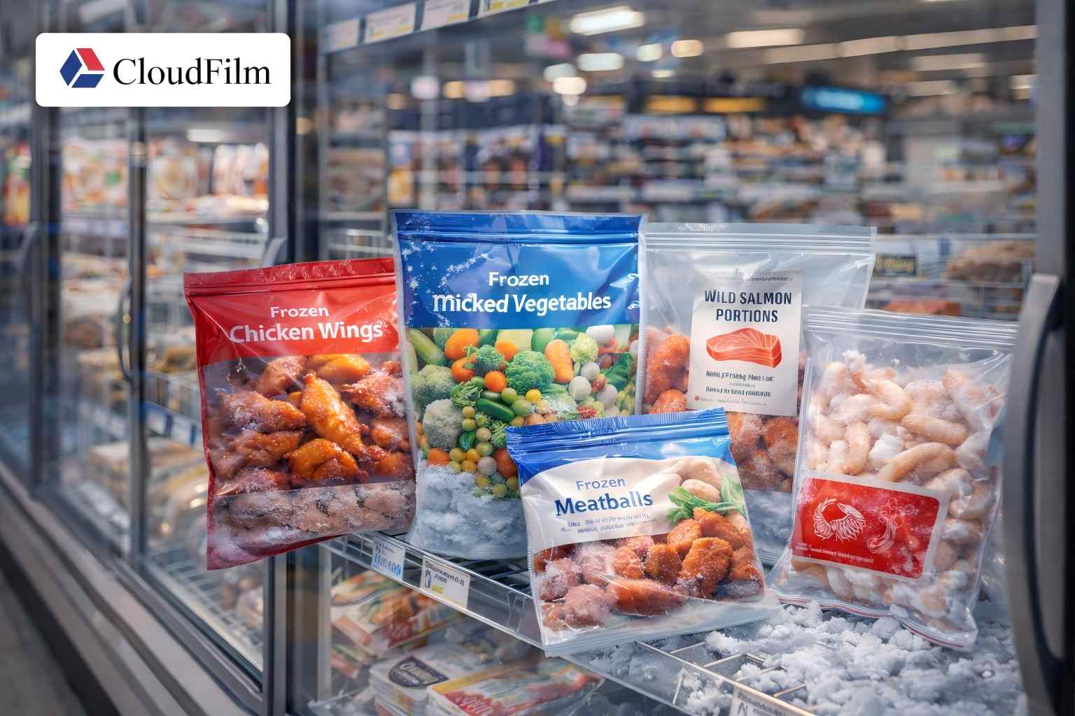CloudFilm BOPA Film Frozen Food Packaging In Supermarket Freezer Aisle