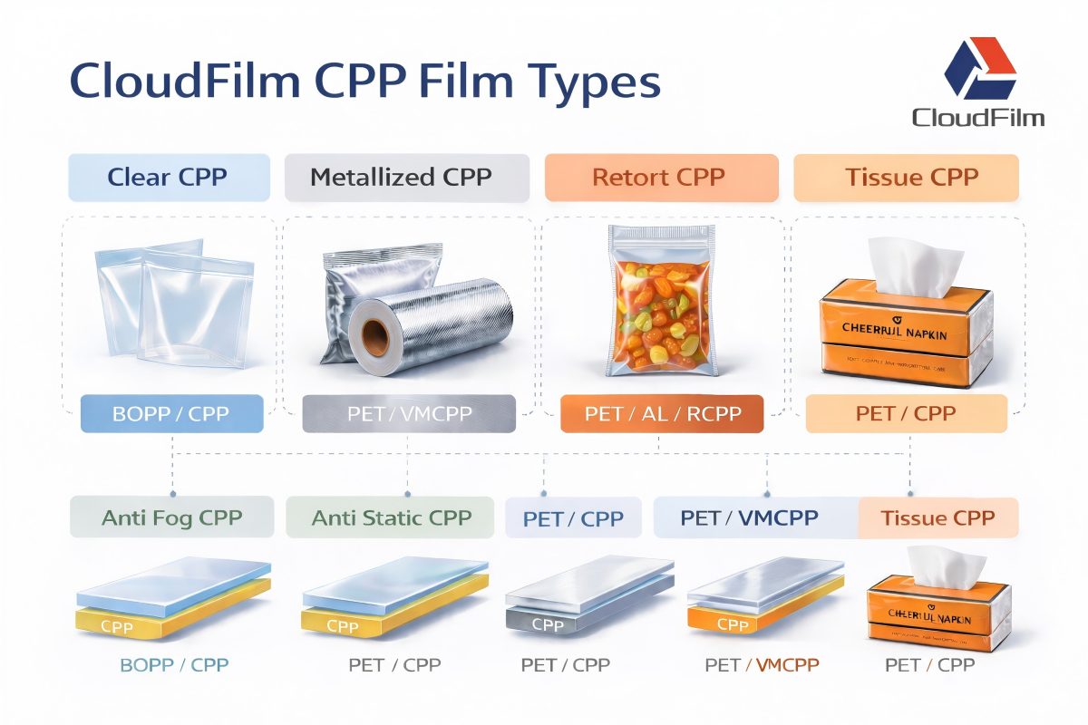 CloudFilm CPP Film Types Clear Metallized Retort Anti Fog Anti Static And Tissue
