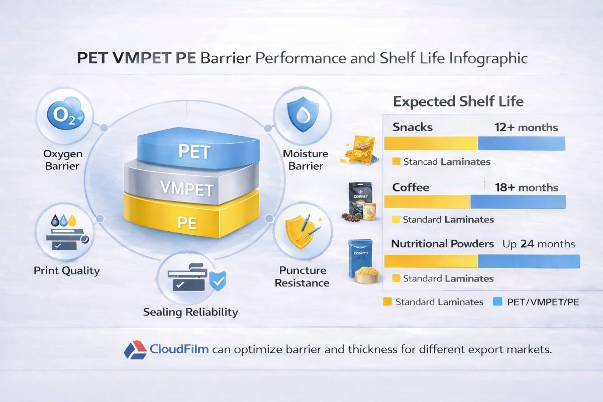 CloudFilm PET VMPET PE High Barrier Performance And Shelf Life Infographic