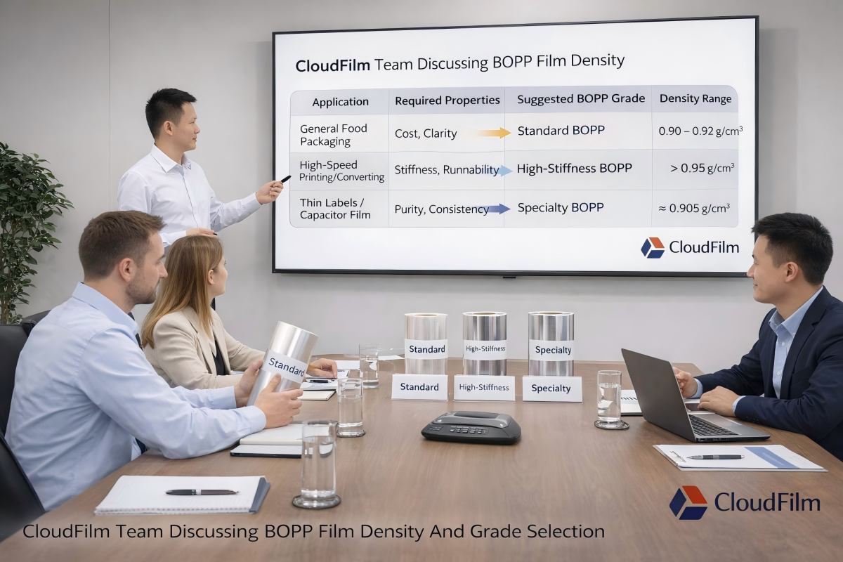 CloudFilm Team Discussing BOPP Film Density And Grade Selection