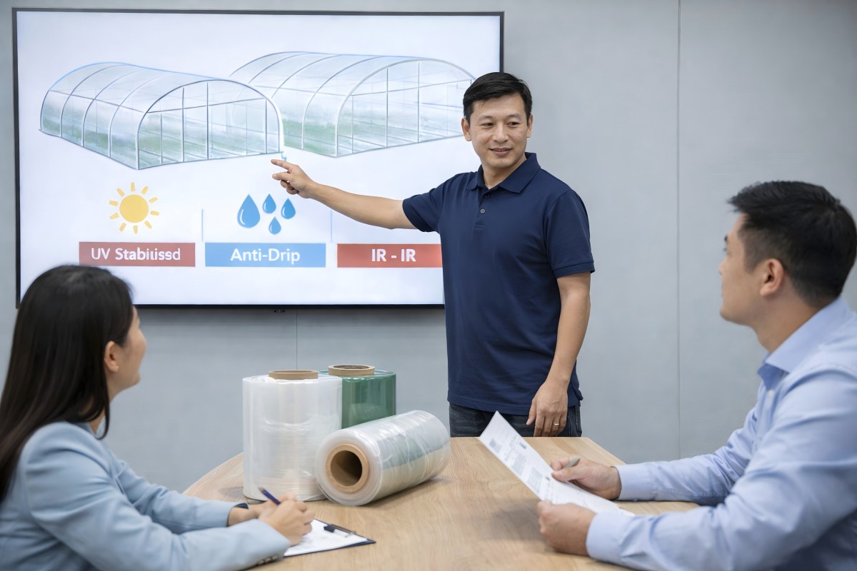 CloudFilm technical and sales team advising an international buyer on polyethylene greenhouse film solutions