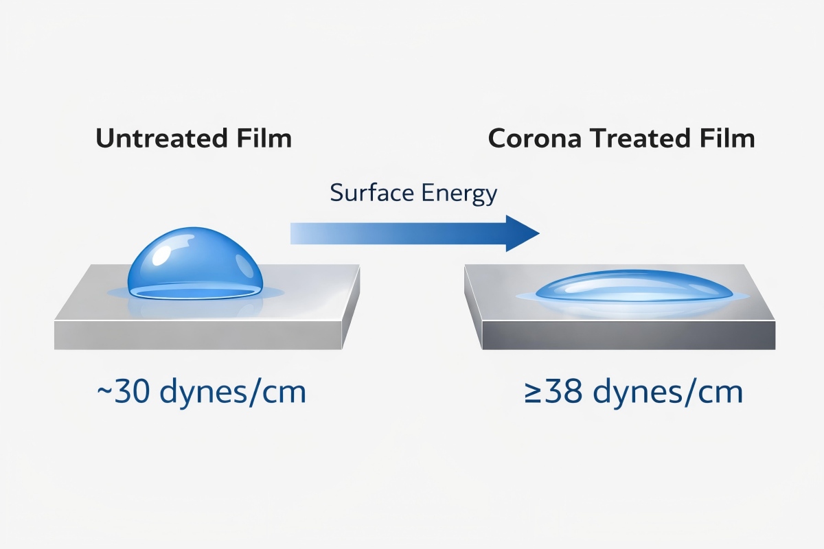 Corona Treatment Increasing Plastic Film Surface Energy From Low Dyne To High Dyne For Better Wetting
