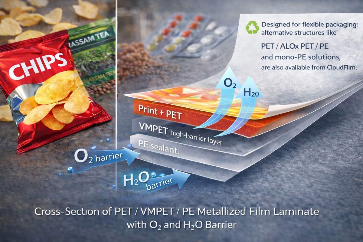 Cross-Section of PET-VMPET-PE Metallized Film Laminate with O₂ and H₂O Barrier