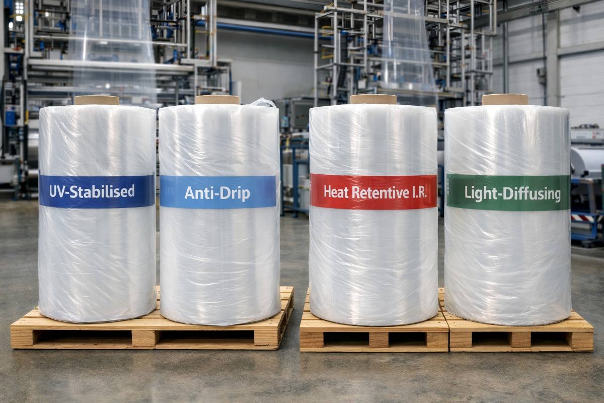 Different types of polyethylene greenhouse film rolls showing UV-stabilised, anti-drip and IR grades
