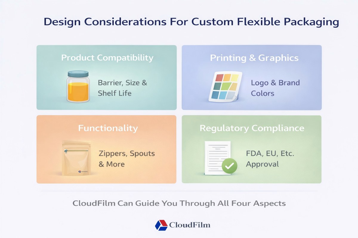 Key Design Considerations For Custom Flexible Packaging Including Product, Graphics, Functionality And Compliance