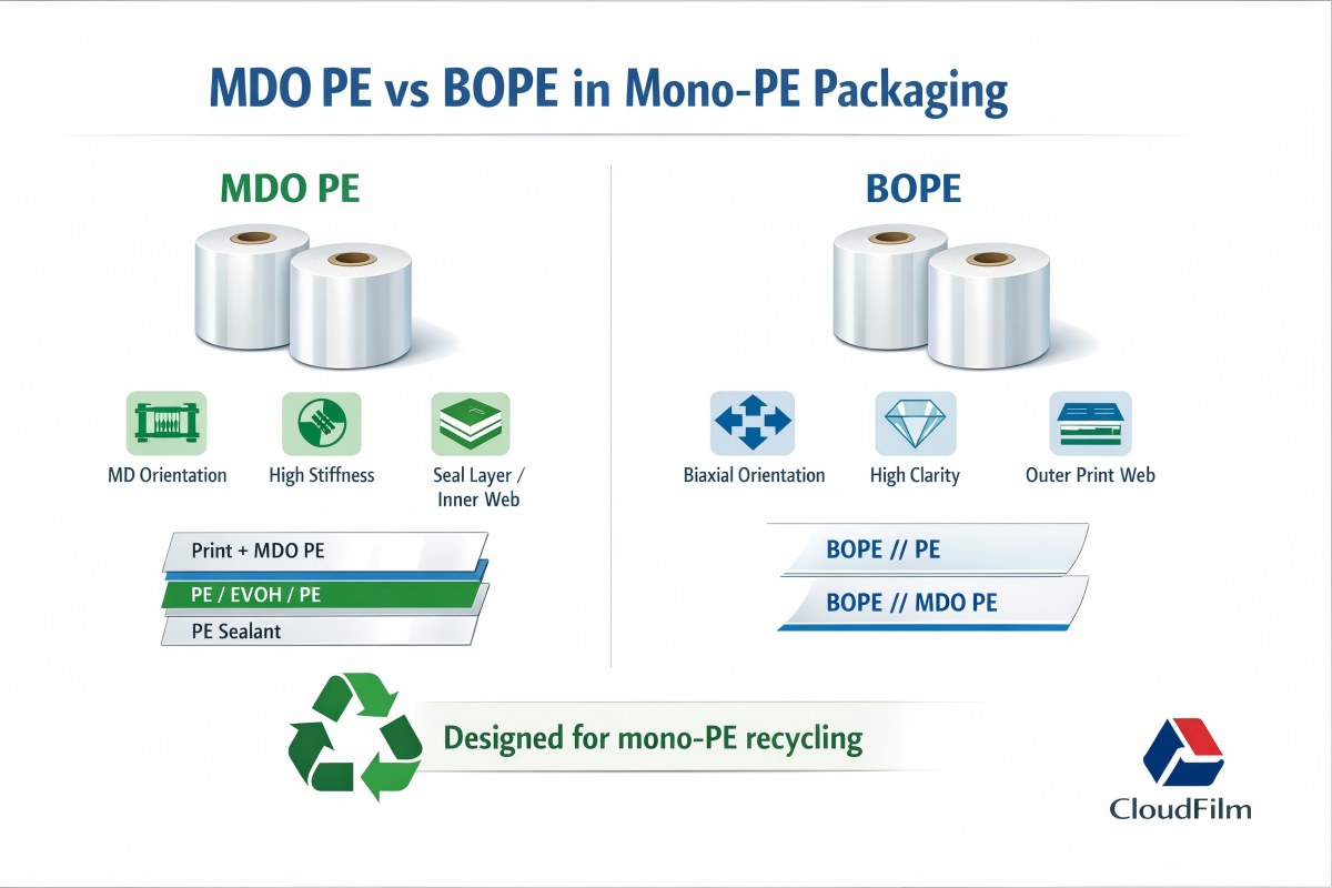 MDO PE vs BOPE films in mono-PE recyclable packaging structures