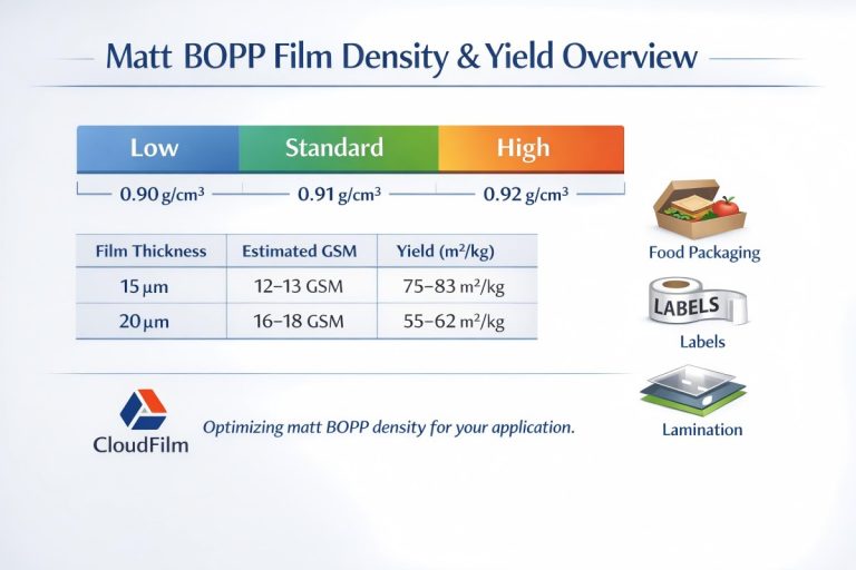 Matt BOPP film density and yield comparison chart for packaging engineers