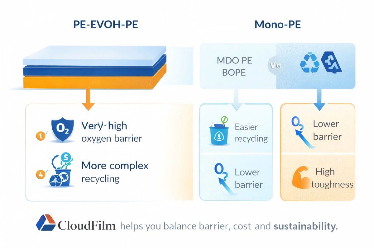 PE-EVOH-PE multilayer film facing recycling challenges and comparison with mono-material packaging solutions