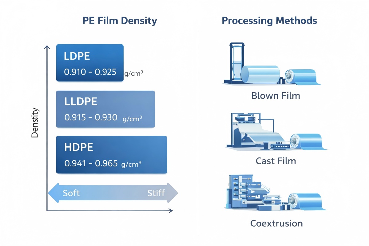 PE Film Density And Processing Methods Diagram Showing LDPE LLDPE HDPE And Blown Cast Coextruded Film