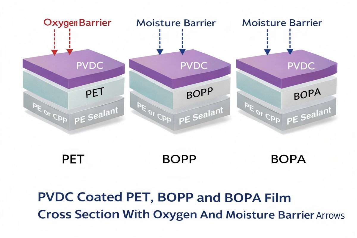 PVDC Coated PET BOPP And BOPA Film Cross Section With Oxygen And Moisture Barrier Arrows