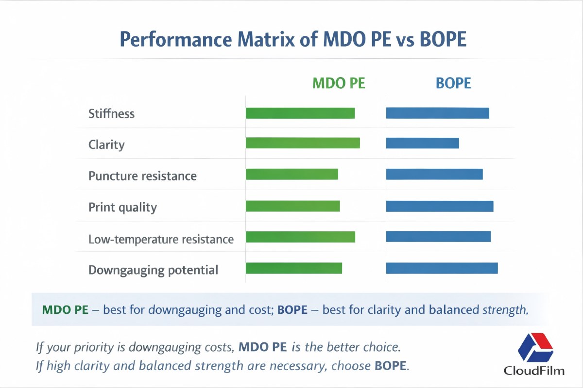 Performance comparison matrix of MDO PE film and BOPE film for flexible packaging
