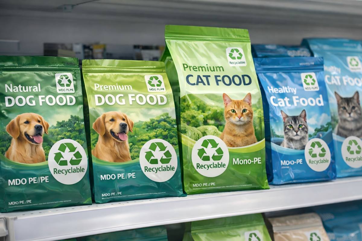 Recyclable MDO PE Mono-Material Pet Food Pouches on Shelf