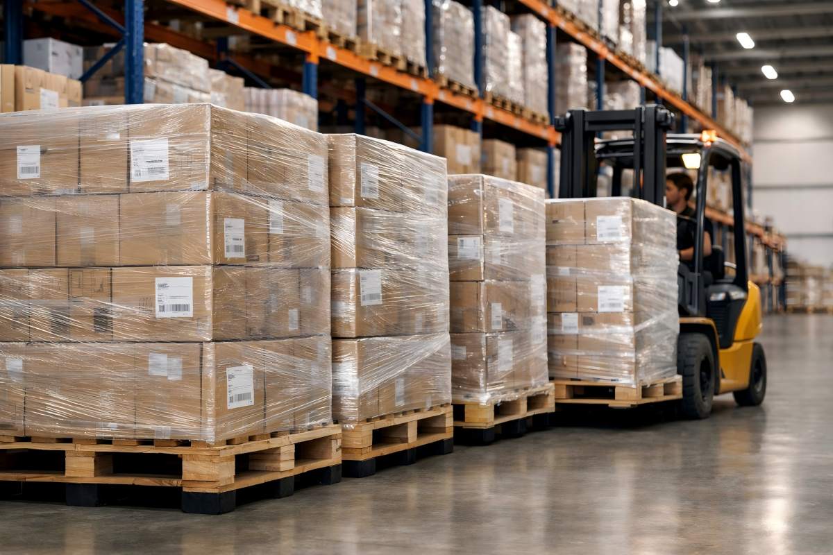 Stretch Film Securing Pallet Loads In Modern Warehouse