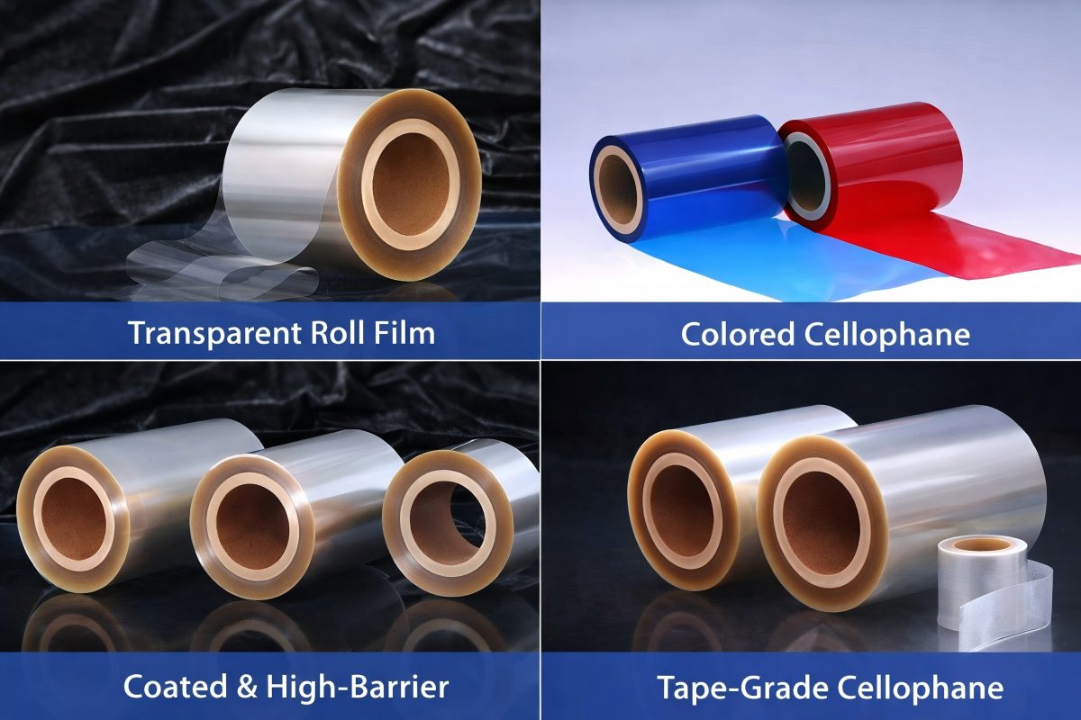 Types Of Cellophane Film Including Transparent Colored Coated And Tape Grades