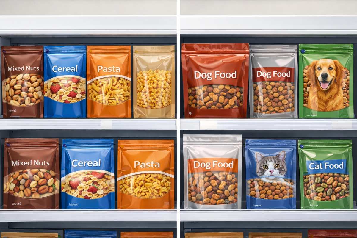 CloudFilm Dry Food Pouches On Supermarket Shelf