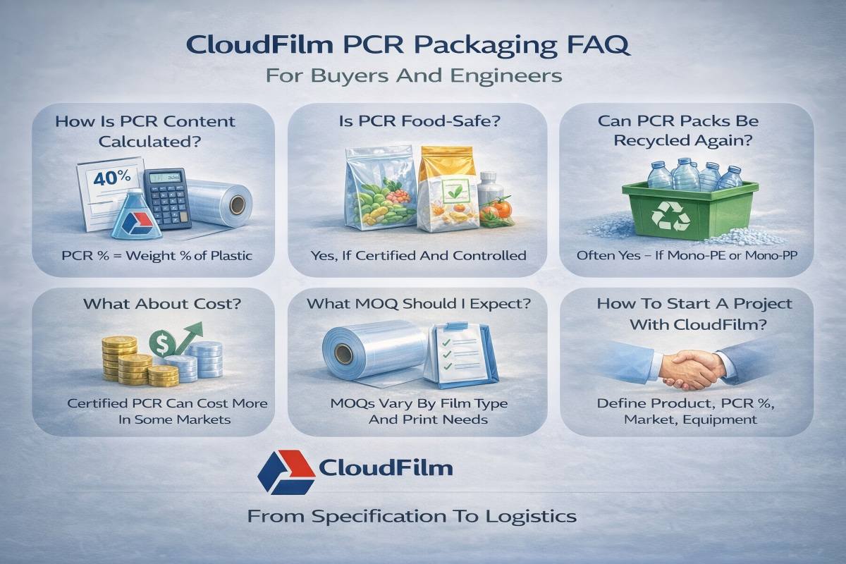 CloudFilm PCR Packaging FAQ Infographic For Buyers And Engineers