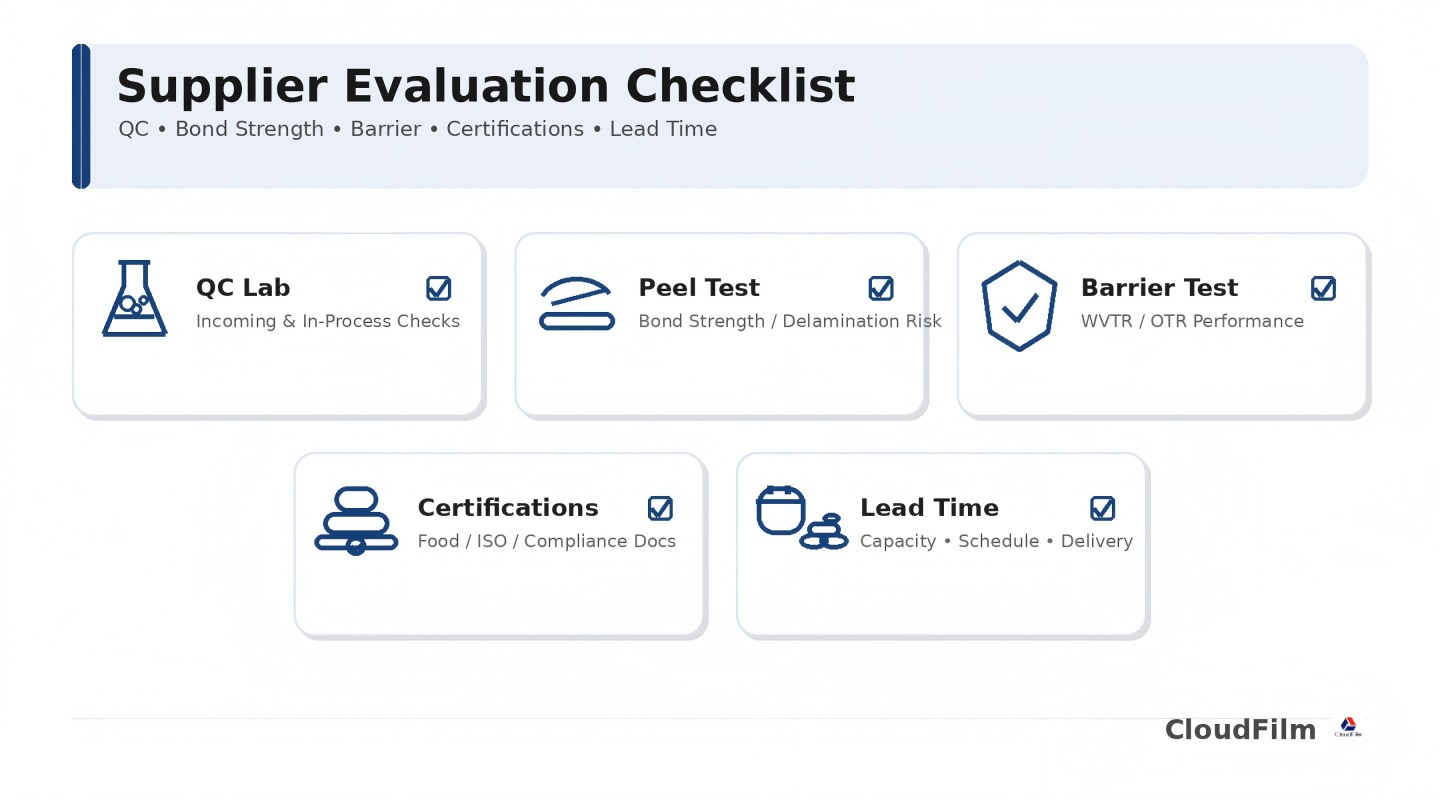 CloudFilm Supplier Evaluation Checklist QC Bond Strength Barrier Certifications Lead Time