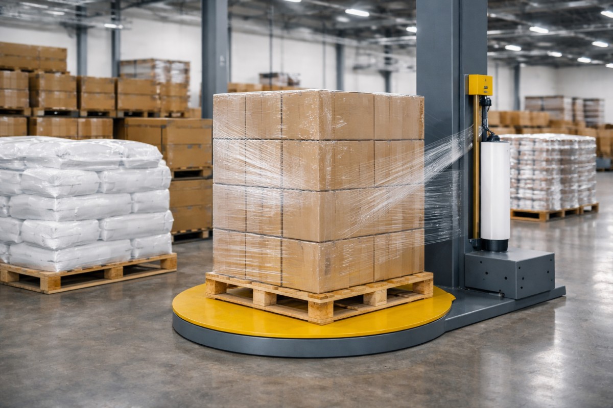 PE Stretch Film Wrapping Industrial Pallets In Warehouse