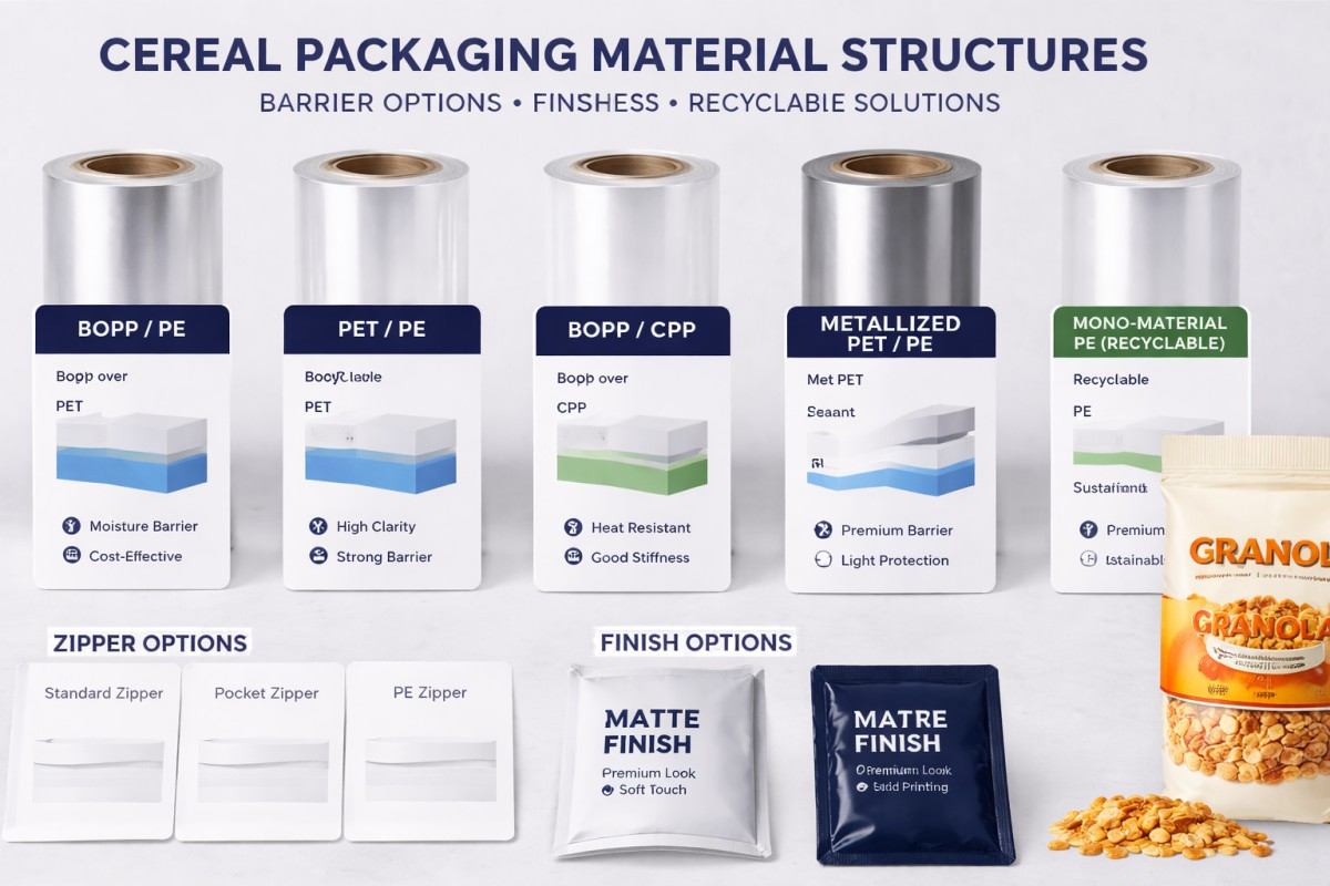 Cereal Packaging Material Structure Display With Barrier And Finish Options