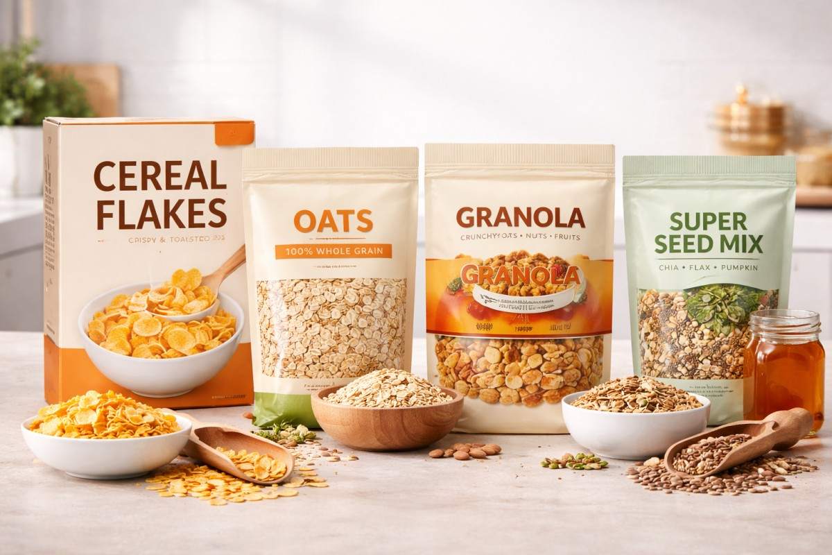 Premium Cereal Packaging Design With Matte Finish And Clean Branding