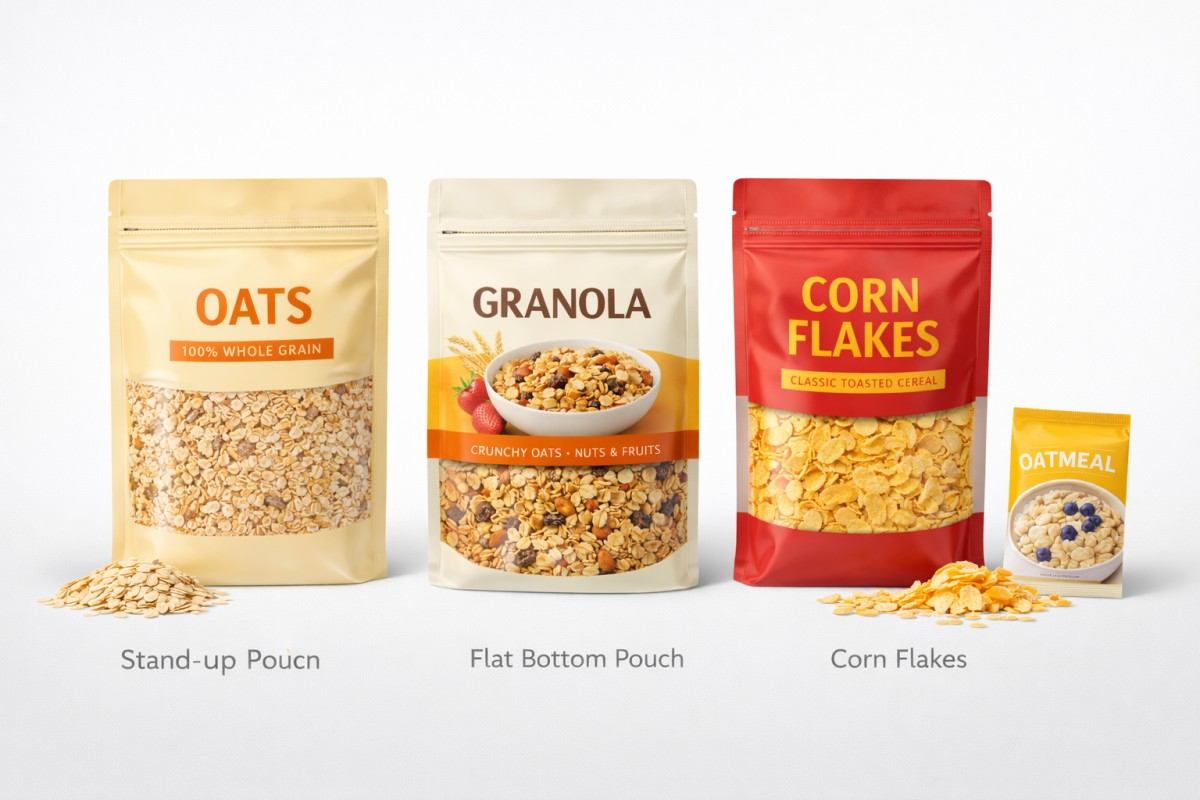 Premium Cereal Pouch Formats With Zipper And Flat Bottom Design