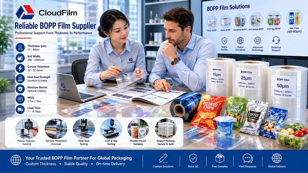 BOPP Film Supplier Reviewing Thickness Specifications Film Samples Roll Width COF Data Heat Seal Curves And Packaging Solutions