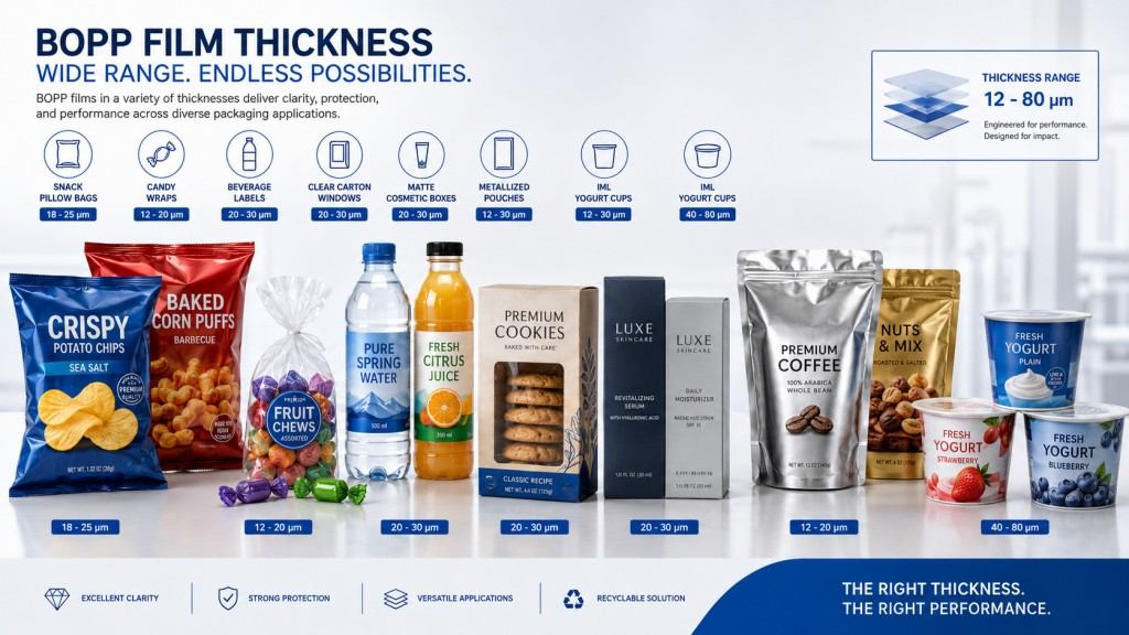 BOPP Film Thickness Applications For Snacks Labels Overwrap Matte Packaging Metallized