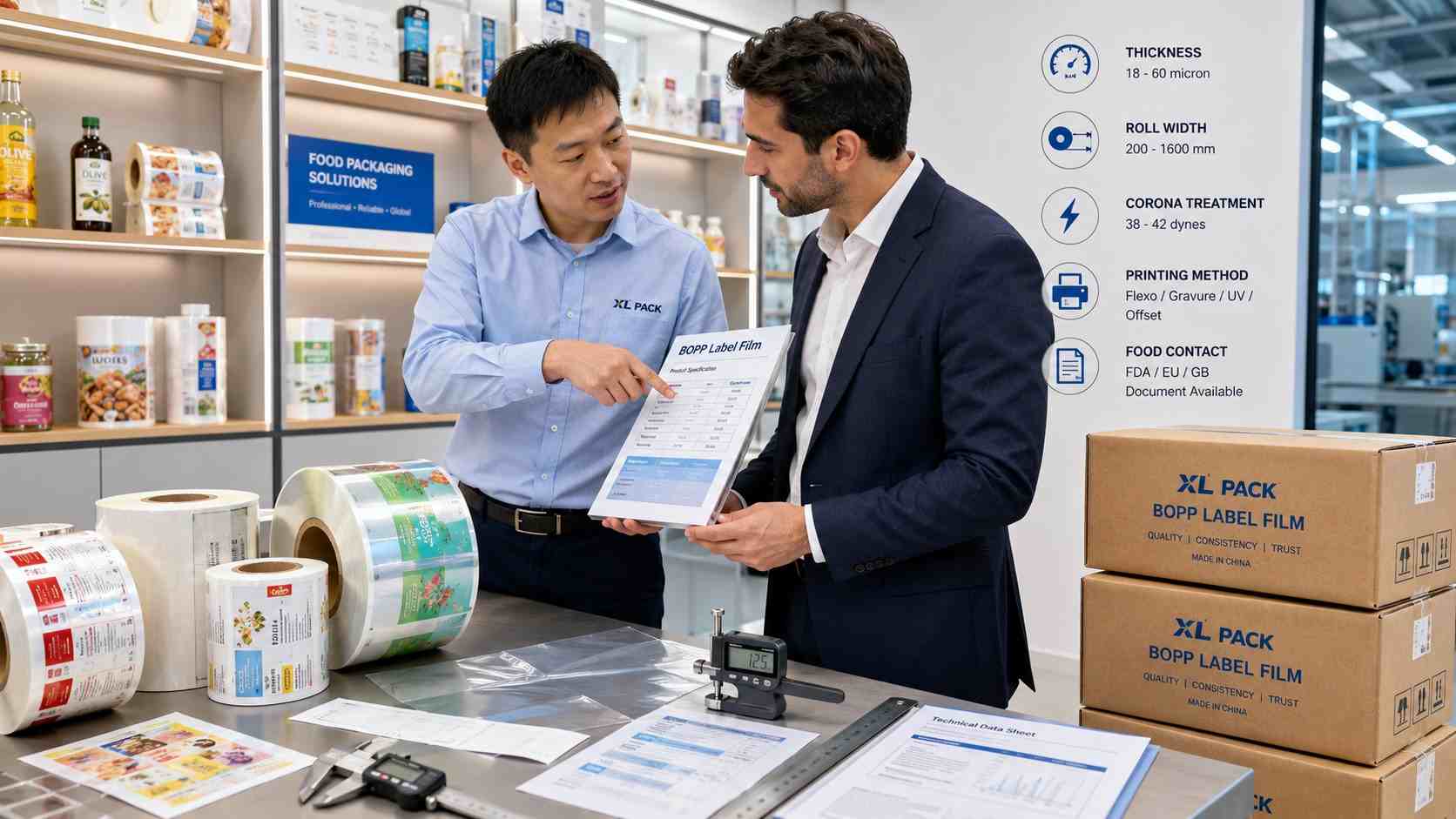 BOPP Label Film Supplier Reviewing Specifications With Buyer