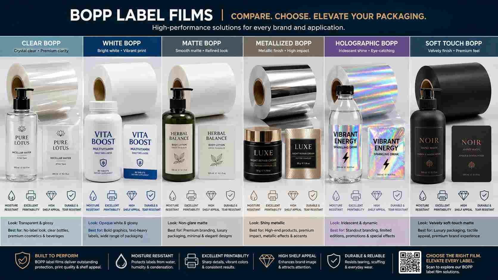 Clear White Matte Metallized And Holographic BOPP Label Films