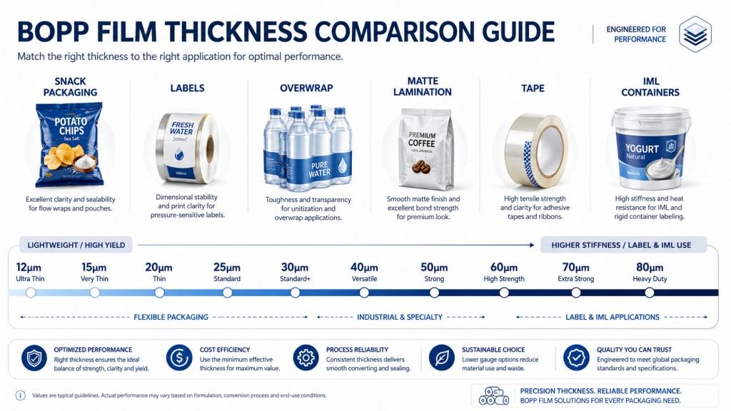 Common BOPP Film Thickness Range From 12 Micron To 80 Micron For Packaging Labels