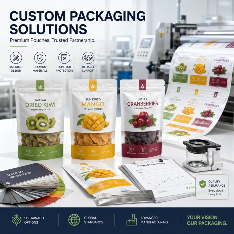 Custom Dried Fruit Packaging Solutions With Printed Roll Film Samples And Quality Control Support